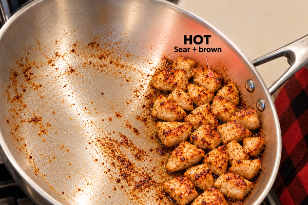 A stainless steel sloped frying pan on a stovetop showing cooked chicken pieces with a browned sear, plus overlaid text reading 'HOT Sear + brown' and a red plaid cloth at the right edge.