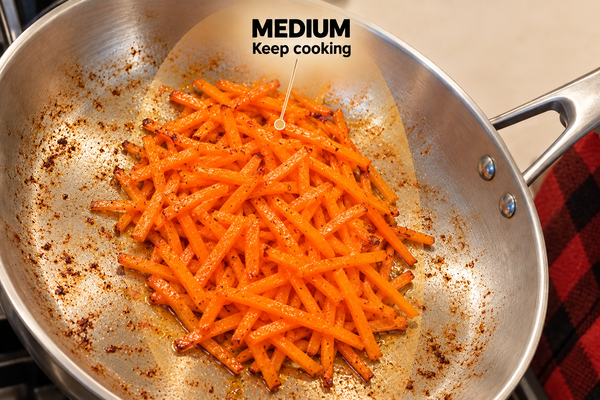 Cooked carrot sticks in a stainless steel pan with a text overlay that reads 'MEDIUM Keep cooking'.